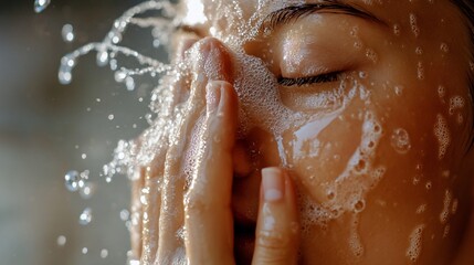 Fototapeta premium Woman cleansing face with water and foam