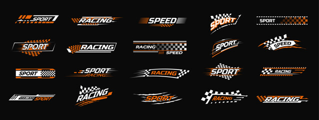 Racing sport decal. Speed sticker stripes, car racing branding with checkered flag and fast lines. Rally racing championship, motorsport tournament or automotive tuning decals vector set.
