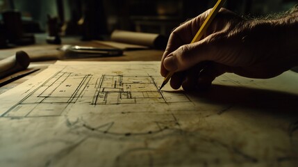 A Hand Drawing Architectural Plans on Parchment