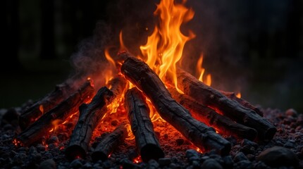 a campfire with several logs burning brightly. The fire is surrounded by small rocks or gravel, and the flames are vivid and dynamic, casting a warm glow