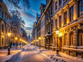 Grand Snowy Boulevard at Night: Historic Buildings, Frosted Windows, Warm Lights