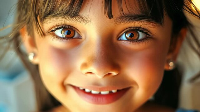 Young Hispanic girl smiles.Close-portrait emphasizes sparkling eyes.Cheeks dimpled joyful expression.Facial features convey innocence.Image evokes themes youth,happiness.