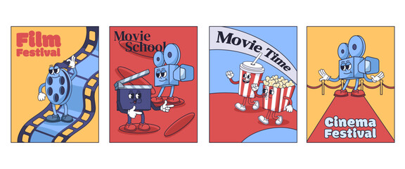 Cinema posters. Film festival, movie time and film school flyer designs with playful cartoon mascot film reel, clapboard, retro film camera, popcorn and drink characters. vector set.