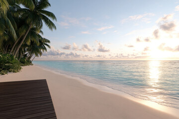 Fototapeta premium A beach scene with a wooden bench and a palm tree in the background