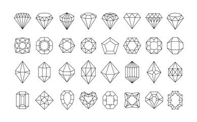 Linear diamond icons. Crystal gems, luxury gemstones and jewels diamonds outline. Brilliant gem, faceted precious stones minimal geometric style shapes vector set with editable stroke paths.