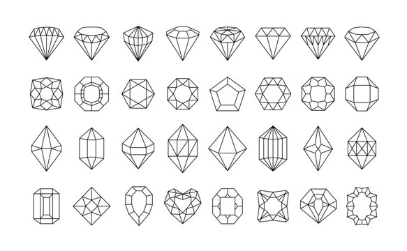 Linear diamond icons. Crystal gems, luxury gemstones and jewels diamonds outline. Brilliant gem, faceted precious stones minimal geometric style shapes vector set with editable stroke paths.