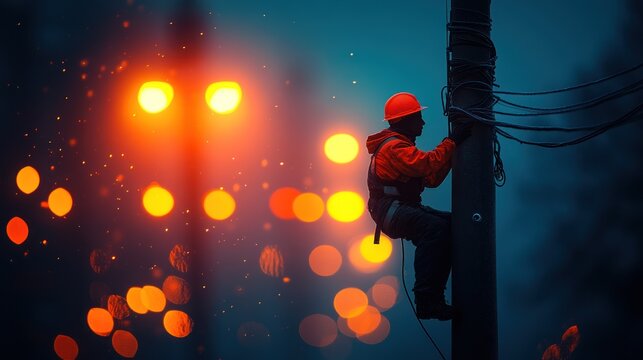 Workers repair cables on electricity poles