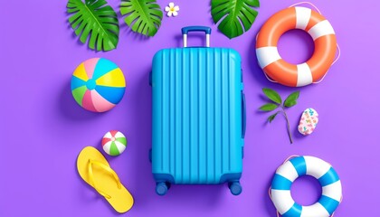 Vibrant summer vacation scene with beach essentials, purple background, colorful beach balls, yellow flip flops, blue suitcase, and palm leaves in a playful 3D render.