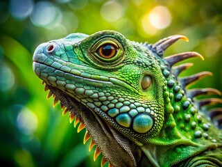 Fototapeta premium Green Iguana Portrait with Bokeh Background - Reptile Stock Photo