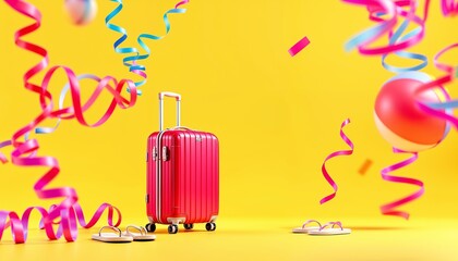 Vibrant yellow background with red rolling suitcase, beach ball, white flip flops, and colorful ribbons in a playful, minimalist 3D render, summer vacation theme.