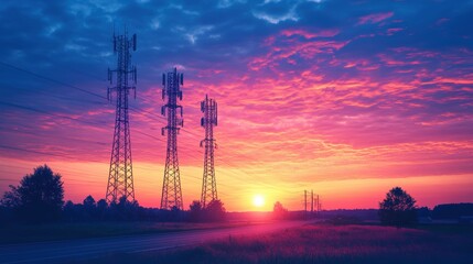 Vibrant Sunset Over Communication Towers with Colorful Sky