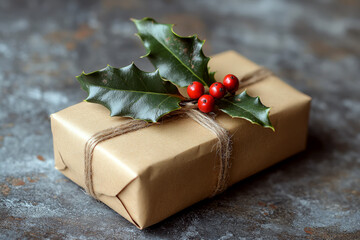 A gift wrapped in brown paper with holly and red berries tied with twine. Concept of festive and holiday packaging. For Christmas gift photo.