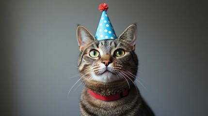 Playful Cat in Party Hat Celebrating Birthday with Cheerful Vibes