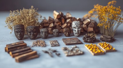 Intricately Carved Artisanal Wooden Masks with Natural Elements in a Soft Background