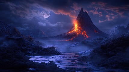 Naklejka premium volcanic mountain, lava flow on ground with smoke drifting 