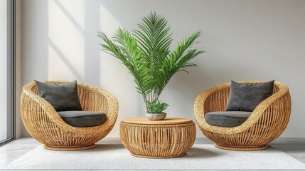 Cozy modern living room with wicker chairs and indoor plants