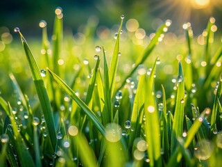 Fototapeta premium Ground Level Close-up of Dewy Grass Blades After Watering, Soft Focus Water Droplets