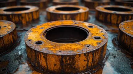 Close-Up View of Rusty Industrial Metal Ring with Pitting and Corrosion on a Weathered Surface, Ideal for Industrial Themes in Photography Projects