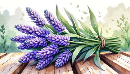 Obraz premium Lavender bouquet resting on wooden surface, calming beauty, Vibrant sunset over purple mountains and flowers, serene beauty, International Women's Day