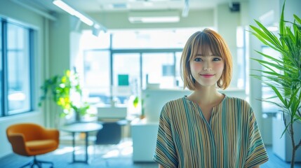 Obraz premium Young woman smiling in modern office with natural light and plants