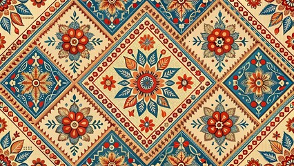 Traditional Geometric Floral Pattern with Warm Tones of Orange, Blue, and Red on a Beige Background