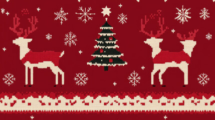 Horizontal seamless knitted pattern. Reindeer jumping Christmas tree and snowflakes. Red style