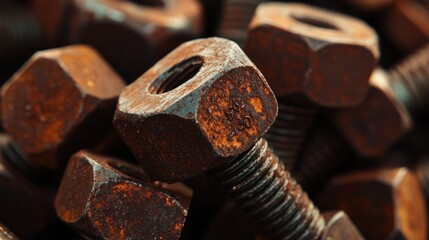 Rusty Metal Bolts and Nuts Close-Up Macro Photography: Industrial Texture and Detail