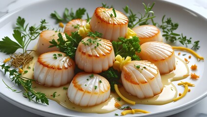 beautiful plate of sous-vide seared scallops with herbs and spices.