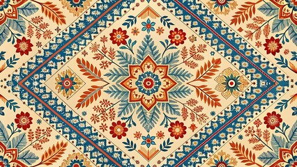 Traditional Geometric Floral Pattern with Warm Tones of Orange, Blue, and Red on a Beige Background