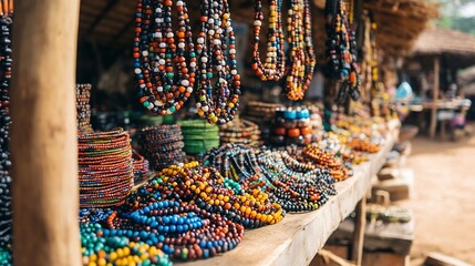 Fototapeta premium Colorful beaded necklaces and bracelets displayed at an african market