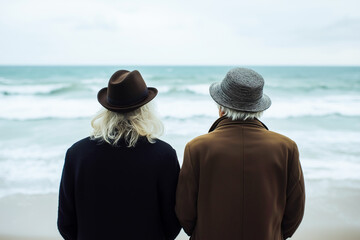 elderly couple in love standing on the beach and looking at the sea. heterosexual couple. seascape. love concept. dating. perfect