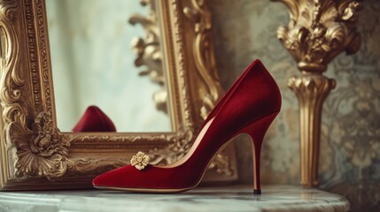 Fototapeta premium Red Velvet High Heel Shoe Near Ornate Gold Mirror