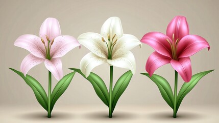 Fototapeta premium Detailed Illustration of Three Colorful Lily Flowers with Leaves