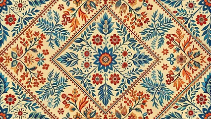 Traditional Geometric Floral Pattern with Warm Tones of Orange, Blue, and Red on a Beige Background