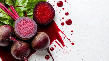 Freshly cut beetroots with vibrant colors and juice splashes on a textured white background