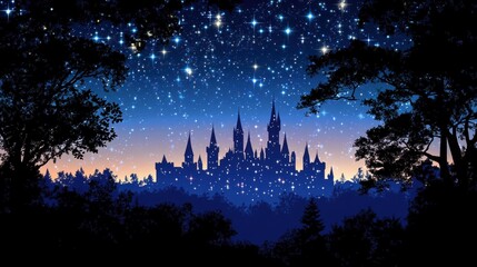Magical night sky with stars over a mystical castle silhouette