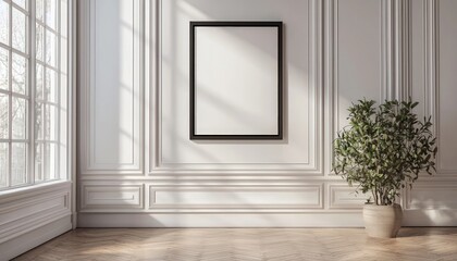 Black frame mockup hanging on a wall, rendered in 3D to offer a striking contrast and focal point in any room.