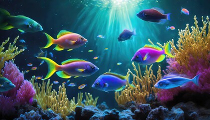 Colorful tropical fish swimming in coral reef with sunbeams shining through water surface.