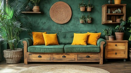 Green Room Decor With Wooden Sofa And Plants