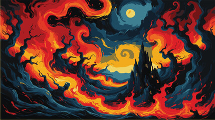 Fiery surreal landscape with swirling dark silhouettes.