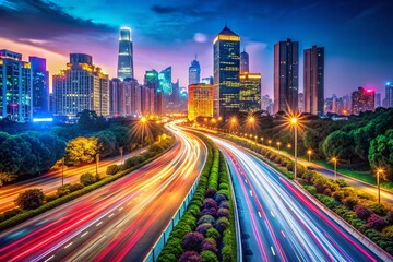 Fototapeta premium Hangzhou Skyline & Blurred Highway - Dynamic Cityscape at Night