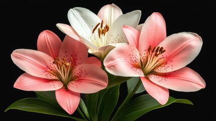 Fototapeta premium Beautifully Arranged Pink and White Lilies on Black Background