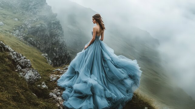 Woman in Blue Gown Stands on Misty Mountaintop