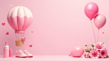 Baby shower horizontal banner with cartoon hot air balloon, bib, bottle, shoes, helium balloons and flowers on pink background. It's a girl. with space for text in the center