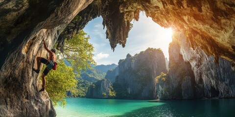 A climber scaling a towering limestone cliff above a turquoise lagoon, the bright tropical sunlight highlighting every detail of the scene