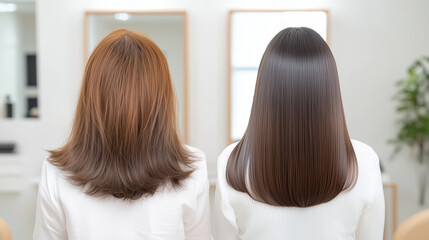 Fototapeta premium Before and after hair straightening results showing wavy and straight styles. Hair treatment services