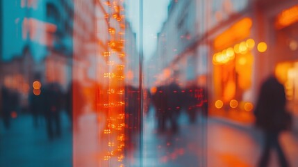 Obraz premium Urban Reflections with Warm Lights and Blurred Silhouettes in City