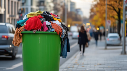 Overflowing green garbage bin with colorful clothes on city street. Recycling and waste management