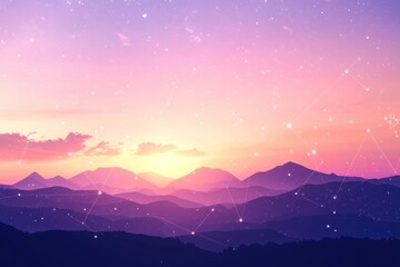 Naklejka premium Serene Sunset Over Mountain Range with Pastel Sky and Stars