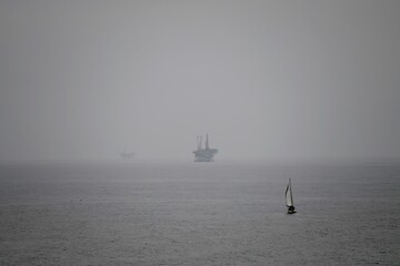 An oil rig in the foggy water off the coast of Santa Barbara